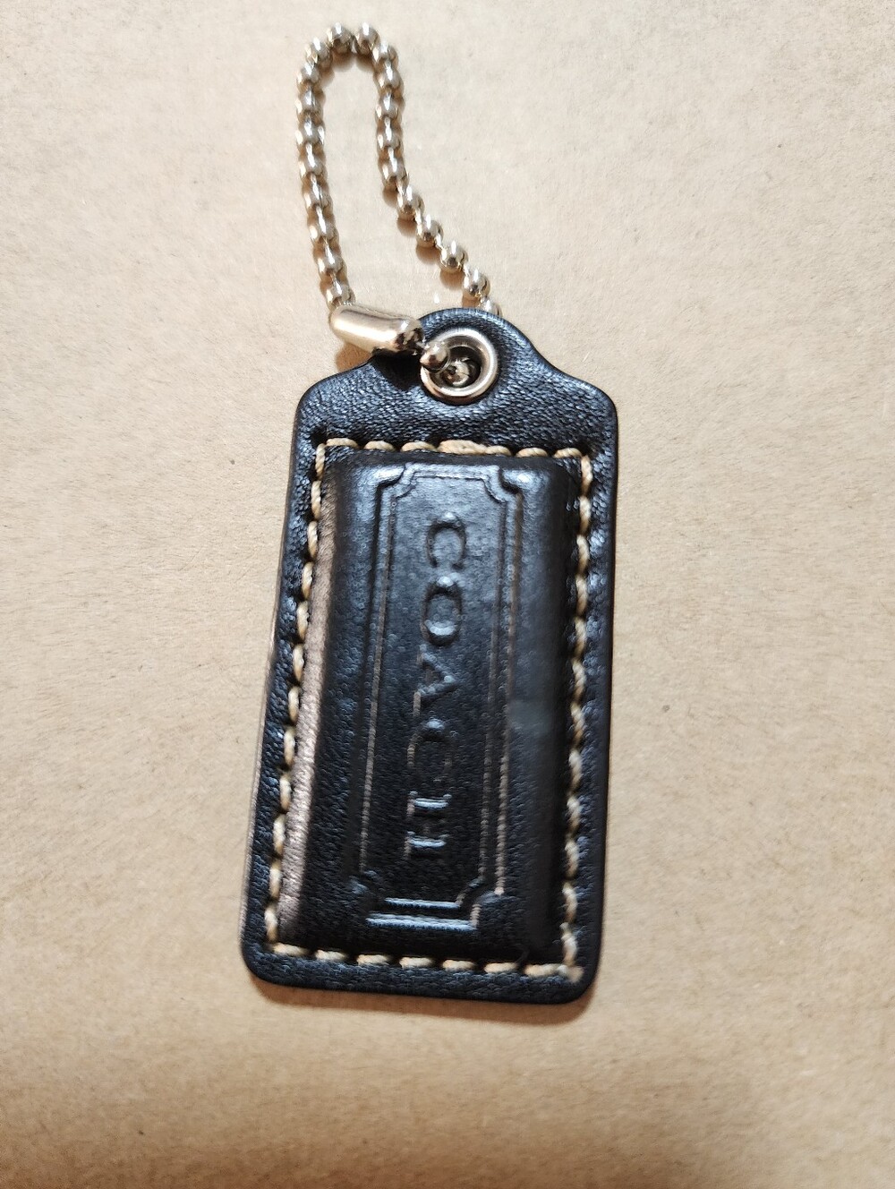 Coach Black Leather Hang Tag with Contrast Stitching With Silver Ball Chain